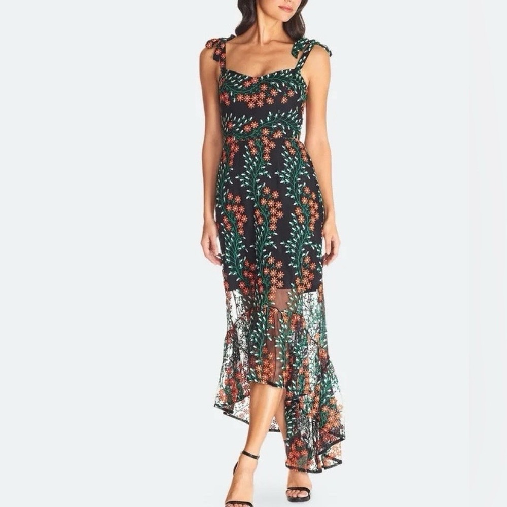 Dress the Population Wren Tie Shoulder Floral Embroidery Maxi Dress Size SMALL